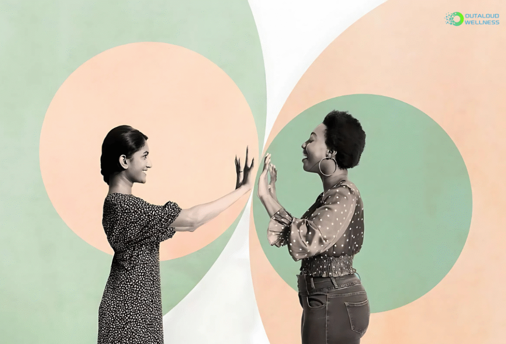 Two women mirror each other with a respectful boundary between them, symbolizing emotional maturity, self-awareness, and healthy communication — a core theme in therapy and relationship counseling at OutAloud Wellness.